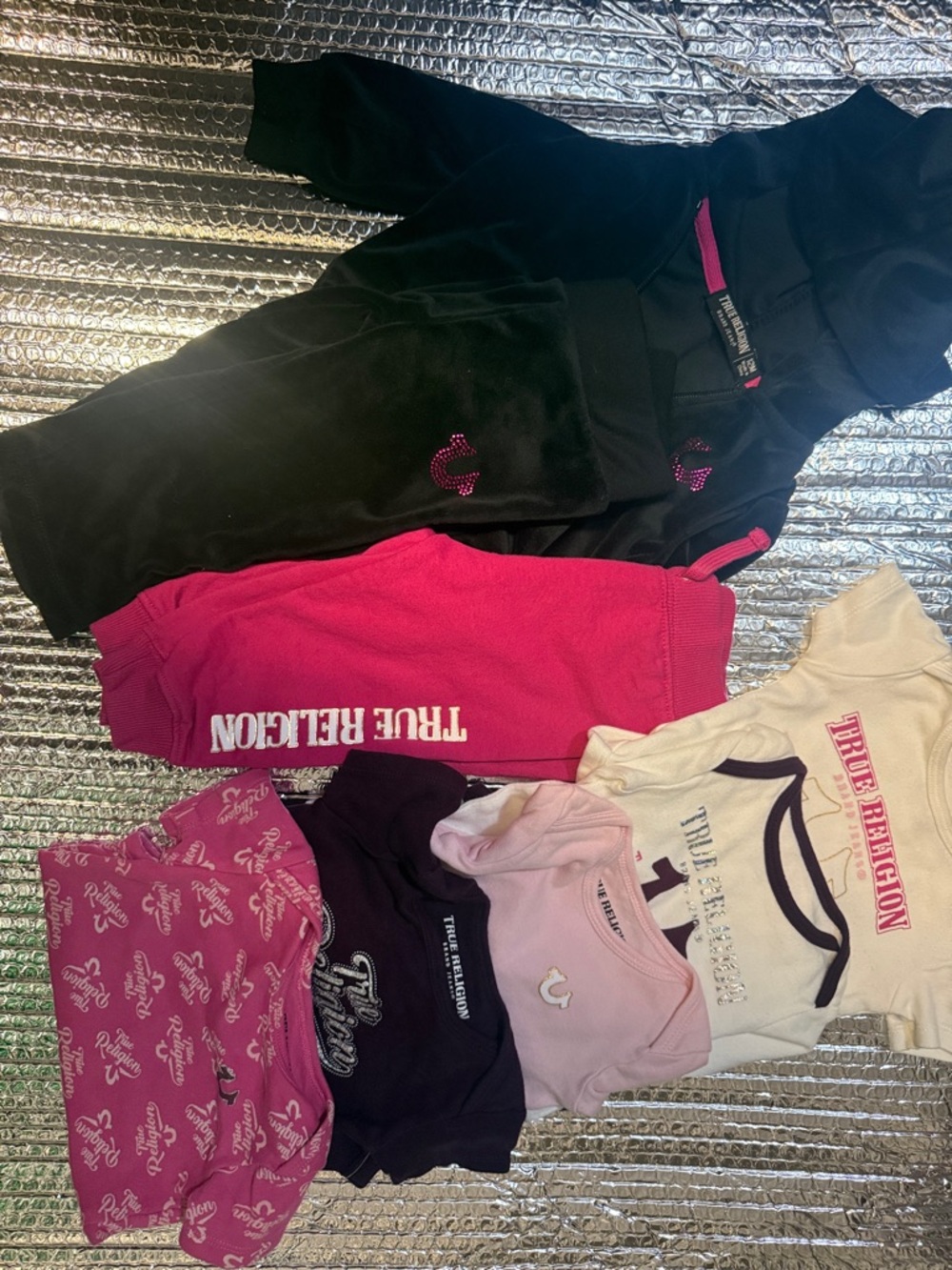 True Religion Kids' Pink/Black 8 pc onesie set (5), hoodie, sweats (2) 6-9mo